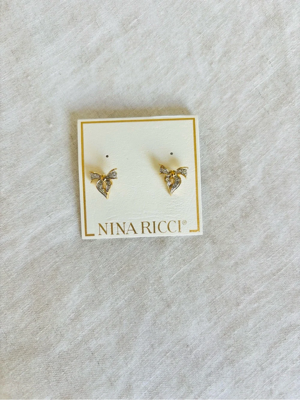 Nina Ricci Gold Bow Earrings with Yellow and Clear Crystals - Picture 1 of 3